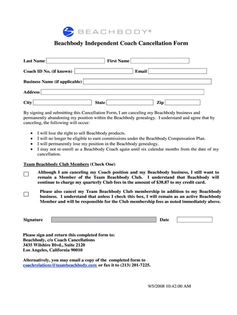 beachbody coach cancellation form